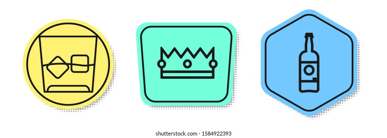 Set line Glass of whiskey and ice cubes , Crown  and Beer bottle . Colored shapes. Vector