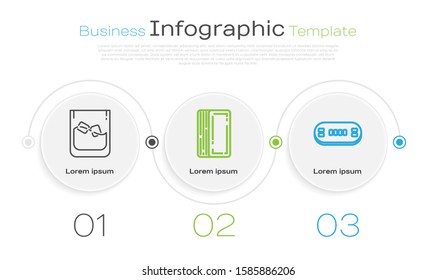 Set line Glass of whiskey and ice cubes, Deck of playing cards and Poker table. Business infographic template. Vector