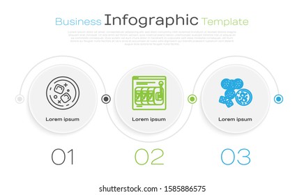 Set line Glass of whiskey and ice cubes, Online slot machine with lucky sevens jackpot and Casino chips, game dice and glass of whiskey with ice cubes. Business infographic template. Vector