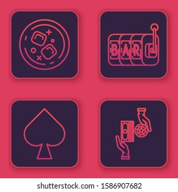 Set line Glass of whiskey and ice cubes, Playing card with spades symbol, Slot machine and Casino chips exchange on stacks of dollars. Blue square button. Vector