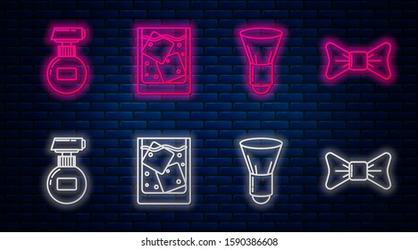 Set line Glass of whiskey and ice cubes, Shaving brush, Cream or lotion cosmetic tube and Bow tie. Glowing neon icon on brick wall. Vector