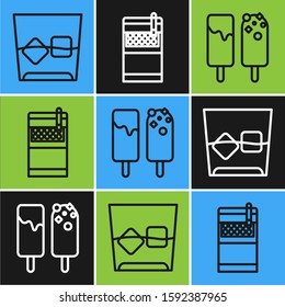 Set line Glass of whiskey and ice cubes , Ice cream  and Open cigarettes pack box  icon. Vector