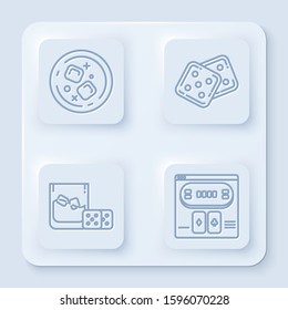 Set line Glass of whiskey and ice cubes, Game dice, Game dice and glass of whiskey with ice cubes and Online poker table game. White square button. Vector