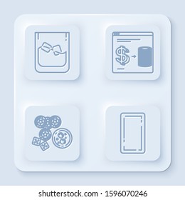 Set line Glass of whiskey and ice cubes, Online casino chips exchange on stacks of dollars, game dice and glass of whiskey with ice cubes and Playing card back. White square button. Vector