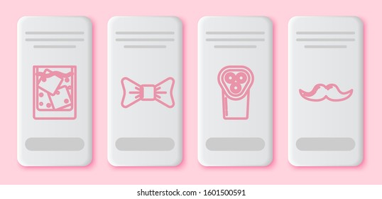 Set line Glass of whiskey and ice cubes, Bow tie, Electrical hair clipper or shaver and Mustache. White rectangle button. Vector