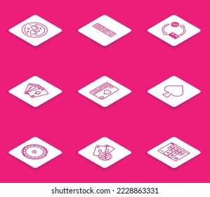 Set line Glass of whiskey and ice cubes, Deck playing cards, Casino chips exchange on stacks dollars, Playing, with spades symbol, roulette wheel and glass icon. Vector