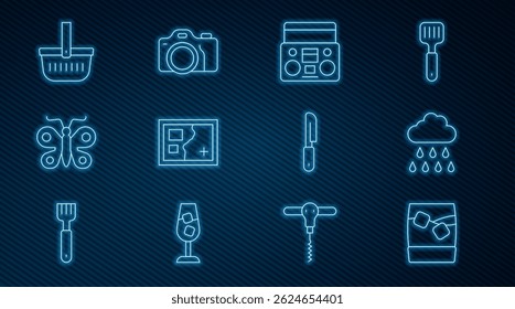 Set line Glass of whiskey with ice, Cloud rain, Home stereo two speakers, Folded map, Butterfly, Picnic basket, Knife and Photo camera icon. Vector