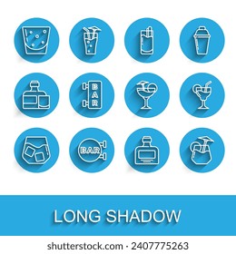 Set line Glass of whiskey, Street signboard with Bar, rum, Whiskey bottle, Cocktail,  and  icon. Vector