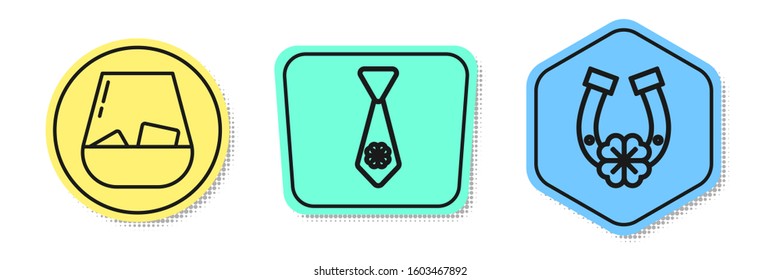 Set line Glass of whiskey, Tie with four leaf clover and Horseshoe with four leaf clover. Colored shapes. Vector