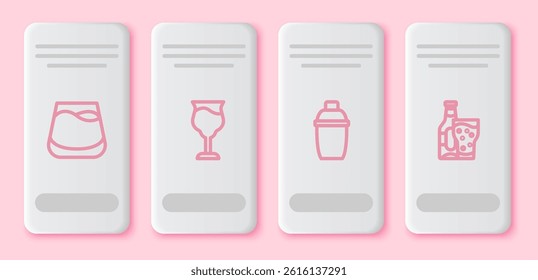 Set line Glass of whiskey, Wine glass, Cocktail shaker and Beer bottle and. White rectangle button. Vector