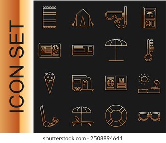 Set line Óculos, Praia com guarda-chuva e cadeira, Termômetro de meteorologia, Mergulho máscara snorkel, Bilhete de viagem, Passaporte visto carimbo, toalha e protetor solar para ícone de praia. Vetor
