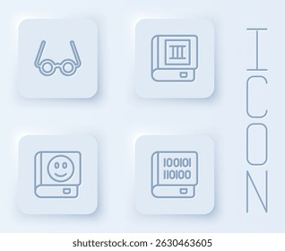 Set line Glasses, Book,  and Books about programming. White square button. Vector