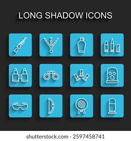 Set line Glasses, Bow, Shotgun, Target sport, Bullet, Binoculars, Balaclava and Cartridges icon. Vector