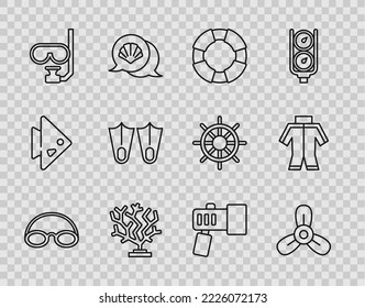 Set line Glasses and cap, Boat propeller, turbine, Lifebuoy, Coral, Diving mask snorkel, Rubber flippers, Flashlight and Wetsuit icon. Vector