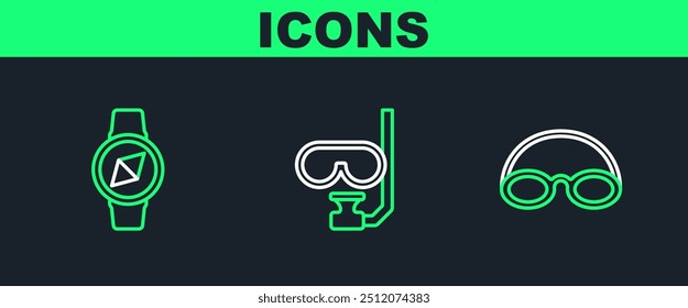 Set line Glasses and cap, Compass and Diving mask snorkel icon. Vector