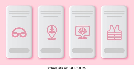 Set line Glasses and cap, Location with anchor, Scallop sea shell and Life jacket. White rectangle button. Vector