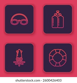 Set line Glasses and cap, Octopus, Aqualung and Lifebuoy. Blue square button. Vector