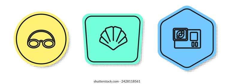 Set line Glasses and cap, Scallop sea shell and Action camera. Colored shapes. Vector