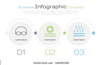 Set line Glasses and cap for swimming, Sun and waves and Rain and waves. Business infographic template. Vector