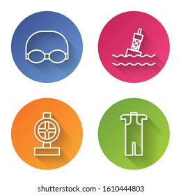 Set line Glasses and cap for swimming, Floating buoy on the sea, Industry metallic pipes and valve and Wetsuit for scuba diving. Color circle button. Vector