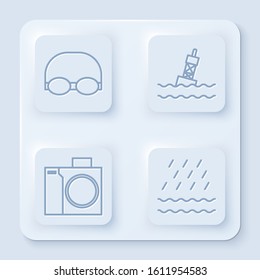 Set line Glasses and cap for swimming, Floating buoy on the sea, Photo camera for diver and Rain and waves. White square button. Vector