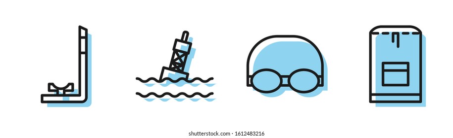 Set line Glasses and cap for swimming, Snorkel, Floating buoy on the sea and Backpack icon. Vector