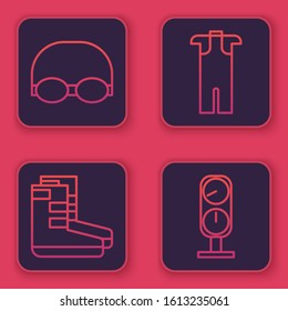 Set line Glasses and cap for swimming, Boots, Wetsuit for scuba diving and Gauge scale. Blue square button. Vector