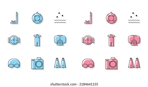Set line Glasses and cap for swimming, Photo camera diver, Snorkel, Rubber flippers, Wetsuit scuba diving, Diving mask, Wind rose and Lifebuoy icon. Vector