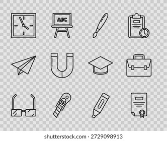 Set line Glasses, Certificate template, Paint brush, Stationery knife, Clock, Magnet, Marker pen and Briefcase icon. Vector