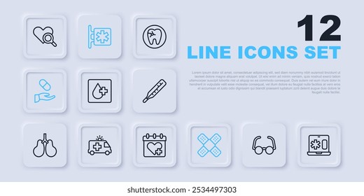 Set line Glasses, Clinical record on laptop, Blood test, Crossed bandage plaster, Medical prescription, Ambulance car, Emergency - Star of Life and Doctor appointment icon. Vector