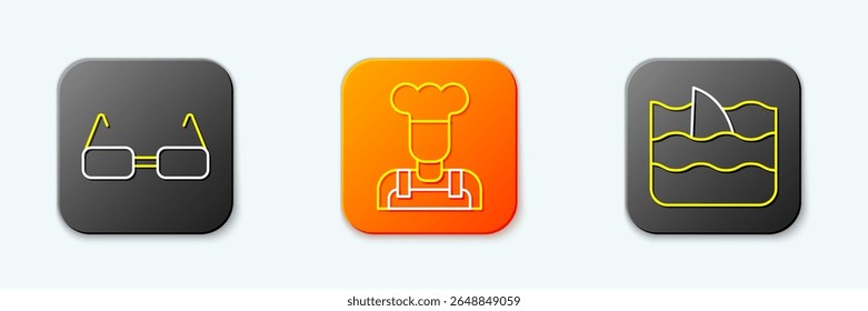Definir linha Óculos, Cozinheiro e Barbatana de tubarão no ícone da onda do oceano. Vetor