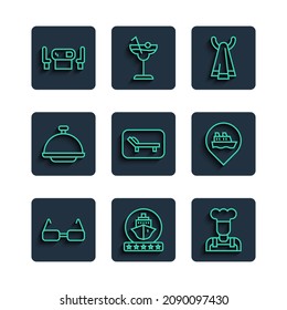 Set line Glasses, Cruise ship, Cook, Towel on hanger, Sunbed and umbrella, Covered with tray, Poker table and Location cruise icon. Vector