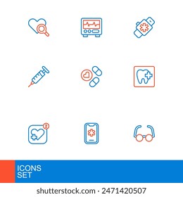 Set line Gläser, Notruf 911, Handy mit Herzfrequenz, Zahnklinik Lage, Spritze, Medikamentenpille oder Tablet, Smart Watch und Monitor Kardiogramm-Symbol. Vektorgrafik