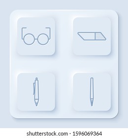 Set line Glasses, Eraser or rubber, Pen and Pen. White square button. Vector