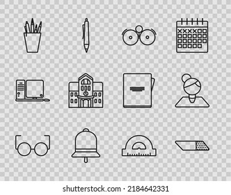 Set line Glasses, Eraser or rubber, Ringing alarm bell, Pencil case stationery, School building, Protractor grid for measuring degrees and Teacher icon. Vector