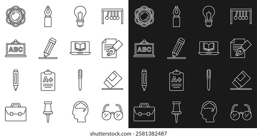 Set line Glasses, Eraser or rubber, Exam sheet and pencil, Light bulb with idea, Pencil eraser, Chalkboard, Atom and Online class icon. Vector