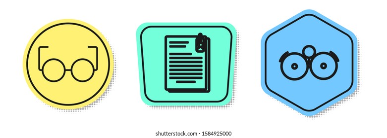 Set line Glasses, File document and paper clip and Ringing alarm bell. Colored shapes. Vector