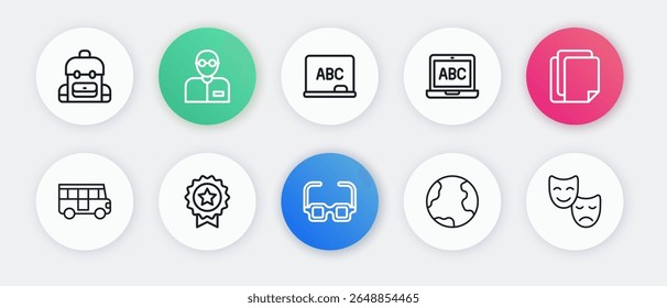 Set line Glasses, File document, School Bus, Earth globe, Laptop, Chalkboard, Comedy and tragedy masks and Medal with star icon. Vector