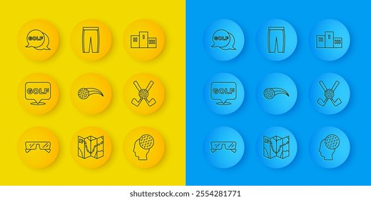 Set line Glasses, Golf label, ball, Crossed golf club with, Award over sports winner podium and pants icon. Vector