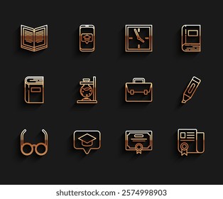 Set line Glasses, Graduation cap in speech bubble, Open book, Certificate template, test tube flask fire, Marker and Briefcase icon. Vector