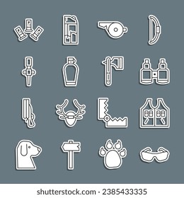 Set-Line-Gläser, Jagdjacke, Binokulare, Pfeifen, Kantenwasserflasche, Torchflamme, Patronen und Holzaxt-Ikone. Vektorgrafik