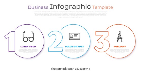 Set line Glasses, Identification badge and Drawing compass. Business infographic template. Vector