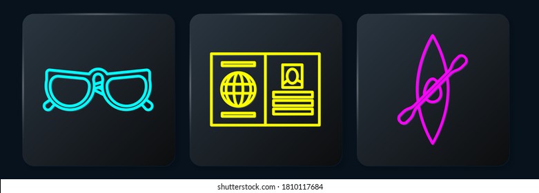 Set line Glasses, Kayak or canoe and paddle and Passport. Black square button. Vector