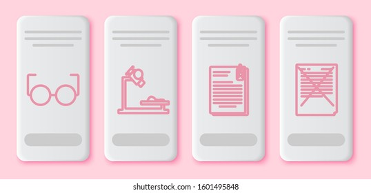 Set line Glasses, Microscope, File document and paper clip and Exam paper with incorrect answers survey. White rectangle button. Vector