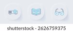 Set line Glasses, Open book and Movie, film, media projector icon. Vector