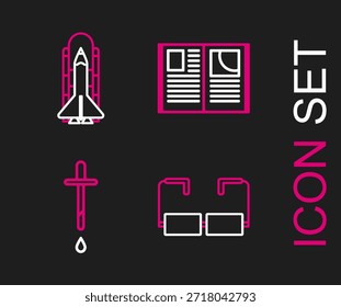 Set line Glasses, Pipette, Open book and Space shuttle and rockets icon. Vector