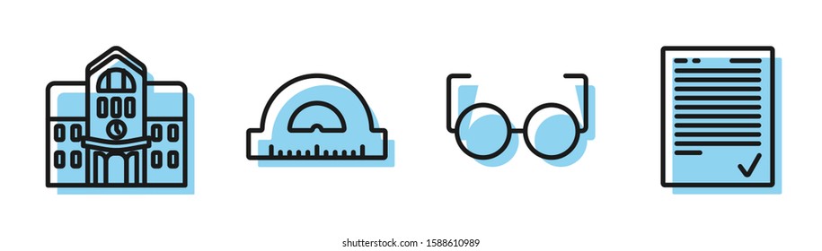 Set line Glasses, School building, Protractor grid for measuring degrees and Exam sheet with check mark icon. Vector