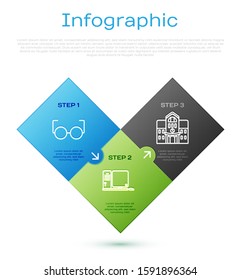 Set line Glasses, School building and Computer monitor with keyboard and mouse. Business infographic template. Vector