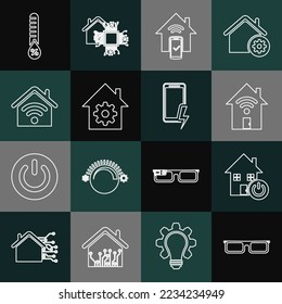 Set line Glass, Smart Home, mit Wi-Fi, Fernbedienung, Einstellungen, Feuchtigkeit und Mobile Ladebatterie Symbol. Vektorgrafik