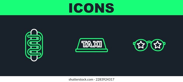 Set line Glasses with stars, Hotdog sandwich and Taxi car roof icon. Vector